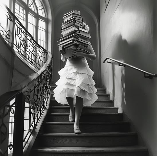 a woman carrying a large volume of bookkeeping ledgers
