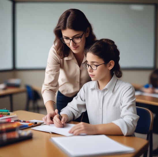 A young child and an adult are sitting at a wooden desk in a classroom, focusing on some written materials. The adult is holding a notebook and appears to be helping the child, who is intently looking at papers on the desk. Nearby are pencils and other school supplies.