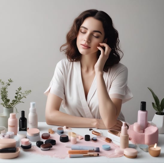 Various beauty and skincare products are neatly arranged on a white dressing table with a round mirror. The assortment includes perfumes, creams, and boxes, some with recognizable labels. Next to the mirror, a book sits with a decorative item resembling cotton branches in the background.