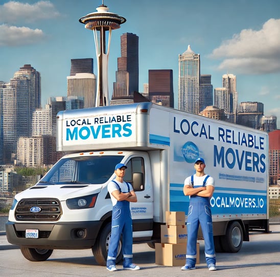 two men standing next to a truck with a box of moving boxes