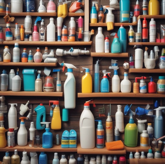 A supermarket aisle filled with various cleaning products, organized neatly on shelves. Promotional sale tags are visible on many items, indicating discounted prices. A promotional stand-up banner on the left features a smiling woman holding clean laundry, with a slogan in Hindi.