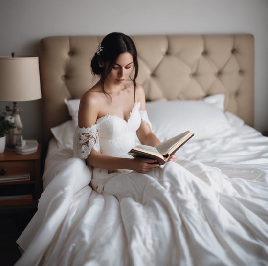 a woman laying in bed reading a book