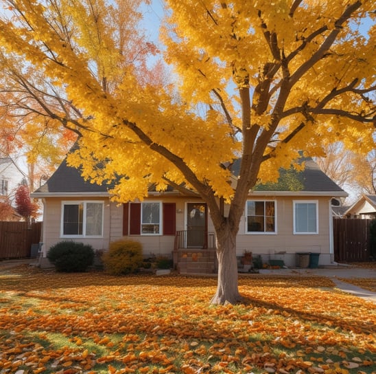 A residential street is covered with branches and leaves, possibly from recent tree maintenance or storm damage. A worker, standing on a service vehicle lift, is trimming trees near a two-story house with a brick facade. The street is lined with several trees and parked cars.