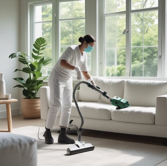 A person wearing protective clothing, a face mask, and gloves is cleaning a white cushioned furniture piece using a vacuum cleaner. The setting appears to be indoors with bright natural light streaming in through large windows. A green potted plant is placed next to a white sofa, adding a touch of nature to the clean and tidy environment.