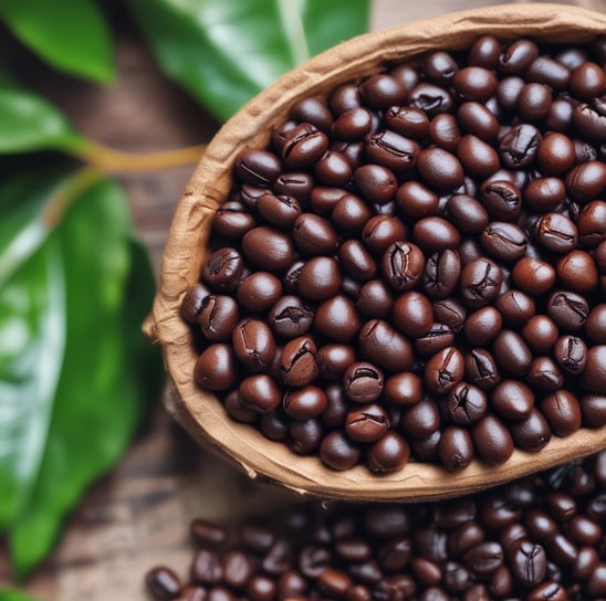 A collection of various coffee bean samples displayed in small trays, labeled with signs indicating different types such as Robusta and Arabica. The setup is accentuated with decorative green foliage and illuminated lighting against a mesh background.