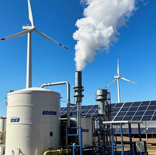 Solar and wind energy are harnessed for molten salt thermal storage systems, which generate steam