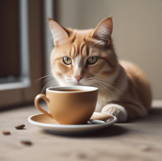 A cup of coffee with latte art depicting a cat's face on the frothy surface. Several coffee beans are scattered around a glass jar containing more beans in the background, adding a warm, cozy atmosphere.