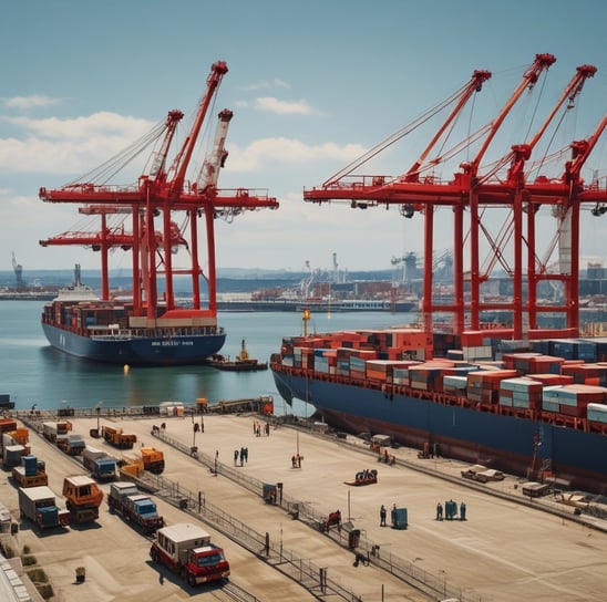 A large industrial storage yard filled with colorful shipping containers and trailers. The containers are stacked and aligned in rows, displaying various brand logos and colors. There are few vehicles parked nearby, and the area seems to be used for logistics or transportation purposes.