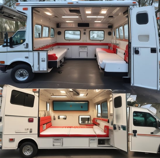 A miniature model of an ambulance is positioned on a road made from craft materials, featuring a black and yellow curb. In the background, there are stylized trees with green paper leaves and a yellow building with blue windows and door, all resembling a handcrafted diorama.