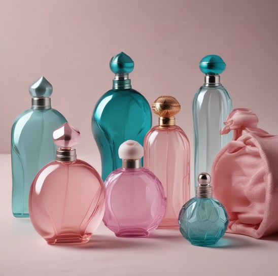 Several elegant perfume bottles with textured surfaces and circular caps are displayed on a soft fabric background. The bottles vary in color, including pink and teal, with prominent branding on the cap's band.