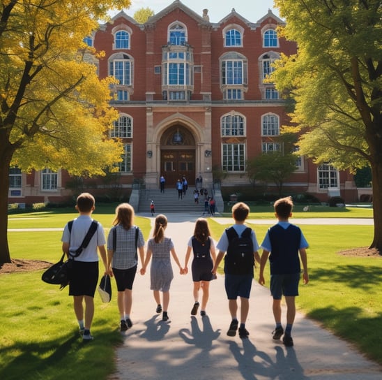 A blue sign with gold letters in both a local language and English, advertising a foreign language specialized school. The sign is situated outside a building surrounded by trees and lit by natural sunlight.