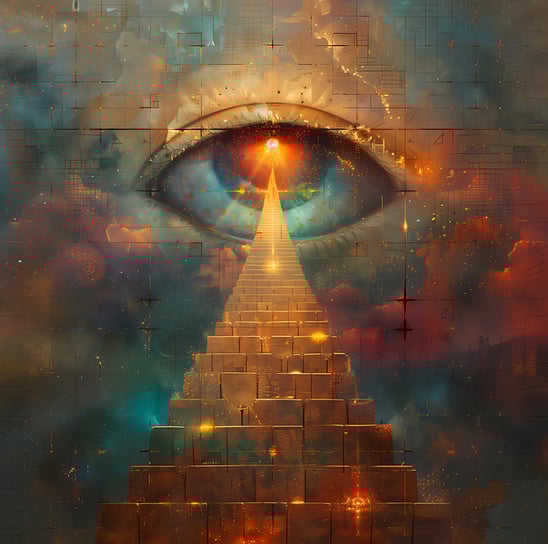 a person's eye looking at a pyramid shaped pyramid