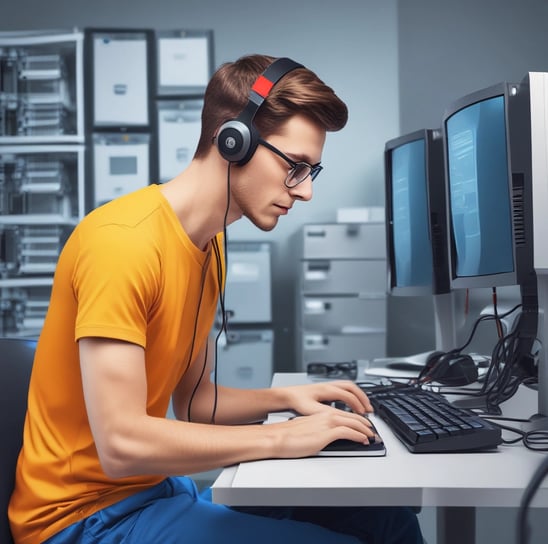 A car service or repair garage is depicted, with a vehicle hoisted on a lift. A laptop is placed on a nearby workstation with an open drawer filled with tools. The environment features tiled walls and floor, and equipment such as a tire changer and a balancing machine. Fluorescent lighting provides illumination.