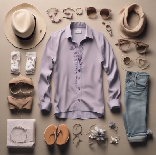 A close-up of fashion accessories including a black belt with a silver Medusa logo buckle, a rose gold analog watch with a black strap, and a folded red tie on top of blue and white clothing material.