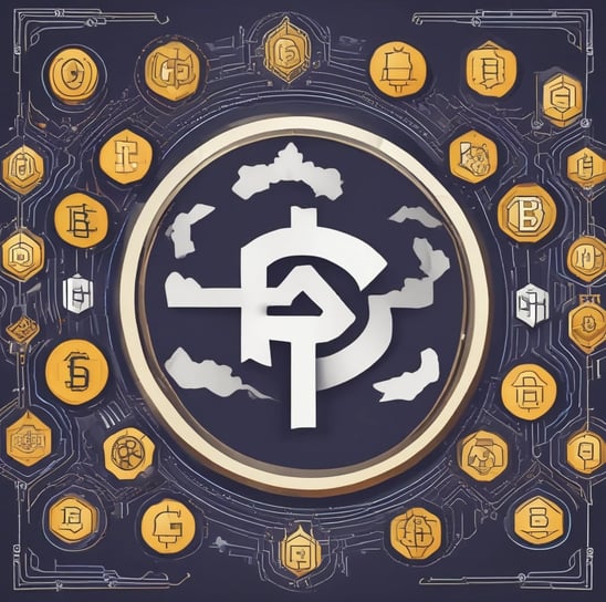 A digital artwork featuring multiple white cubic blocks aligned in a grid pattern, each displaying symbols of various cryptocurrencies like Bitcoin and Ethereum. The blocks are interconnected by glowing lines, set against a background of binary code in green and black.