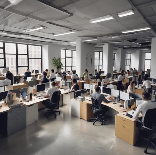 Several people are working in an industrial setting, stacking and organizing white plastic crates. They are wearing work uniforms, and the environment appears to be a storage or processing facility with overhead lighting and large doors in the background.