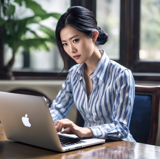 man in blue and white plaid dress shirt using macbook pro