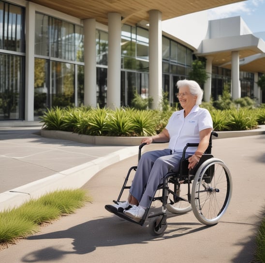 A reflection scene outside a healthcare facility with a red sign reading 'Ramsay health plus'. An elderly person is walking with crutches, wearing a pink jacket. Multiple parked cars are visible along with some trees in the background. The sky is partially cloudy.