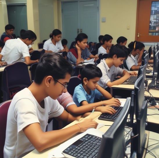 A group of people seated in a computer lab, each facing a desktop computer. The monitors display a website with text and colorful graphics. The room is dimly lit, with a presentation projected on a screen in the background. One person is holding a phone, and there are books or notebooks on the desk.