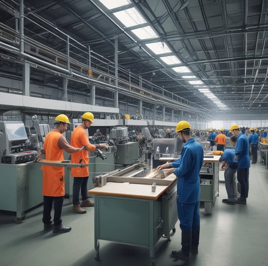 A large industrial factory setting with heavy machinery and equipment. Several workers are engaged with the machines, appearing to be operating or maintaining them. The scene is dimly lit, with numerous overhead lights leading into the distance. The machinery is robust and complex, indicating a heavy manufacturing process.