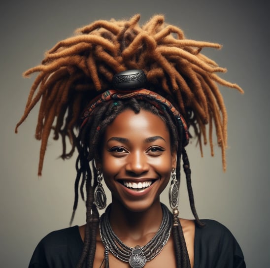 Belle femme noire souriante avec des dreadlocks.