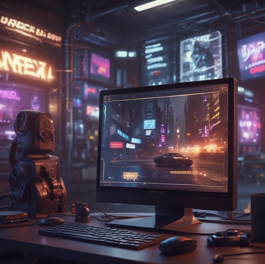 A computer with Unreal Engine turned on, with a cyberpunk scene on the screen