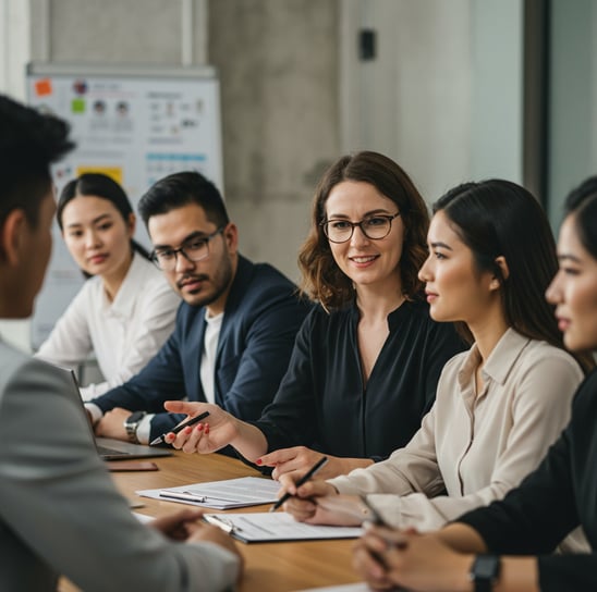 working professionals in meeting at large table