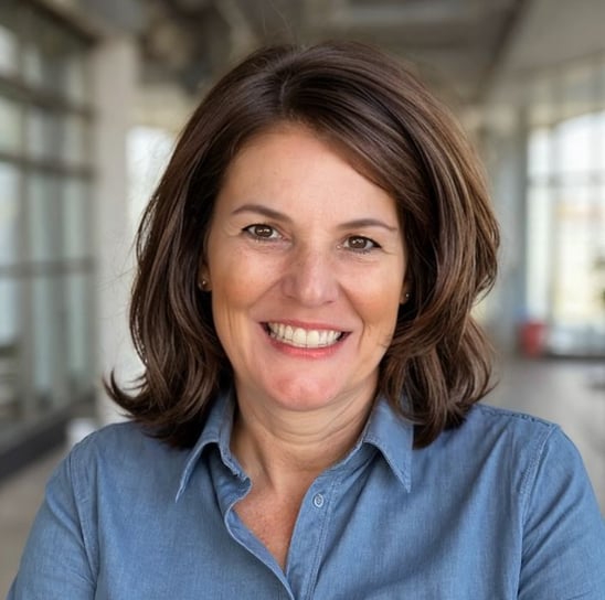 a woman with a blue shirt and a blue shirt