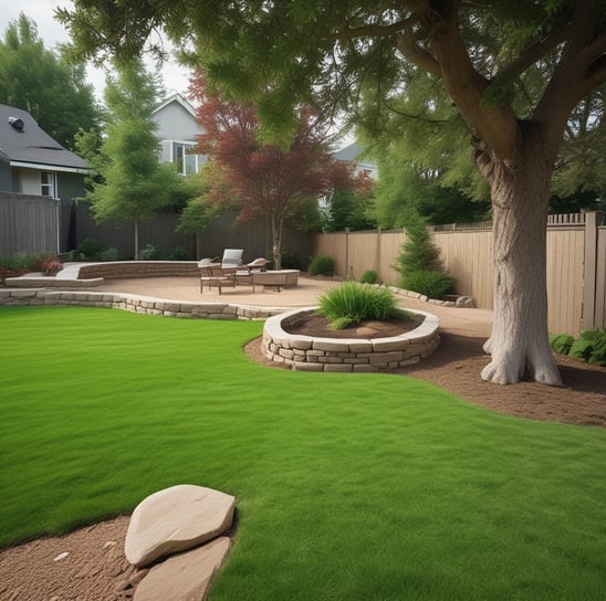 A modern landscape design featuring tiered grassy slopes outlined by sleek metal railings, with a backdrop of lush green trees and a clear blue sky above.