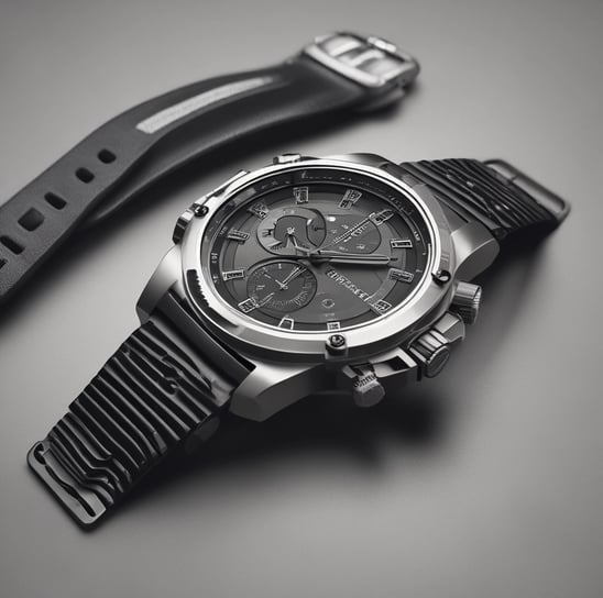 A black smartwatch with a perforated strap is placed on a textured surface alongside wireless earbuds and their charging case. The watch displays an analog clock face, and the earbuds are positioned with one lying horizontally and the other propped against the case.