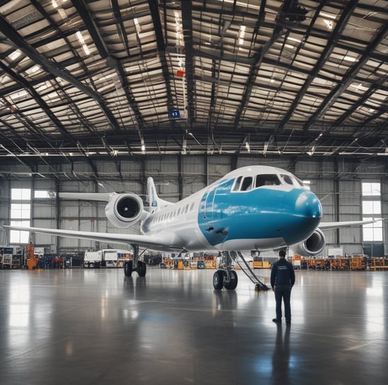 Inside a spacious aircraft hangar, a white jet is being serviced. A person in blue is standing on a ladder near the aircraft, engaged in maintenance work. The hangar is well-lit with several other aircraft visible in the background.