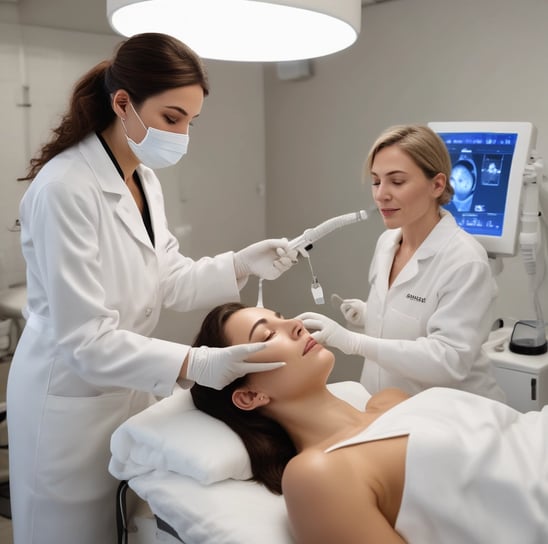 A beauty technician carefully performs a skincare procedure on a woman, who is lying down with her hair pulled back and face covered in a transparent mask. The technician is wearing gloves and holding a precision tool, working under a bright ring light.