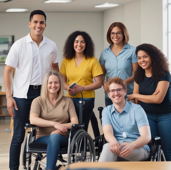 a group of people standing around a woman in a wheelchair