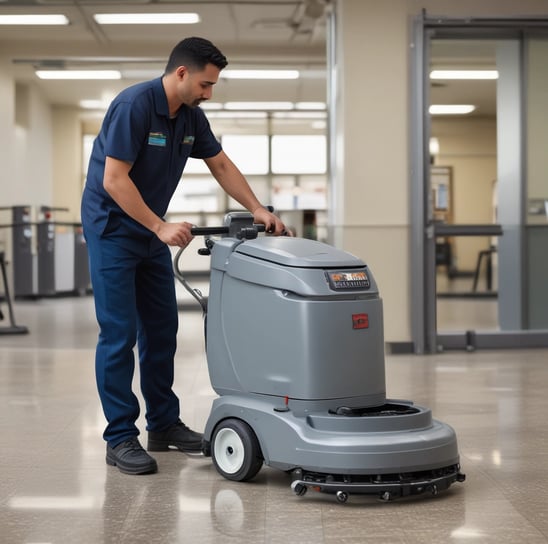 A tiled floor with visible dirt and cleaning solution being cleaned by a circular floor cleaning machine. The tiles are light brown with noticeable dirt in the grout lines. The cleaning machine has a blue and black circular head connected to a metal handle and hose.