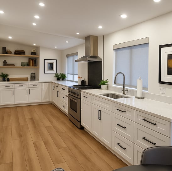 Modern kitchen featuring white shaker cabinets with matte black handles, quartz countertops, and nat