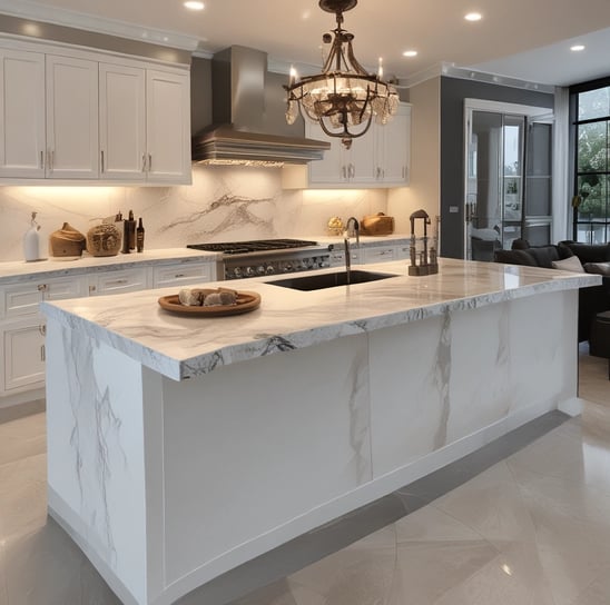 A modern kitchen countertop made of dark marble is adorned with a black vase holding green pine branches and small yellow flowers. A wooden pendant lamp hangs above, casting a warm glow. The countertop also features kitchen items like a white carafe, glass jars, and a striped ceramic cup.