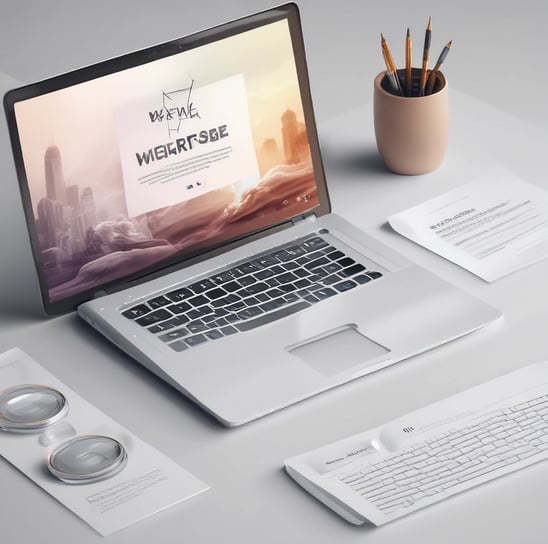 A laptop computer with a website displayed on the screen featuring the text 'Exceptional Web Application design & development'. The laptop is on a dark surface, and the website has a clean and modern design with a light background and colorful text elements.