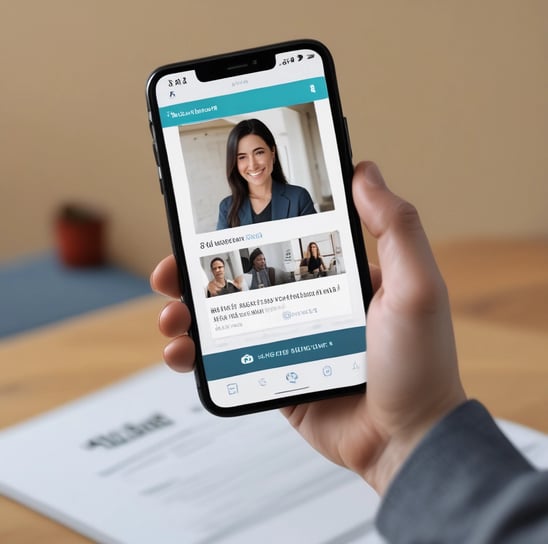 A hand holding a smartphone displaying a webpage titled 'Creating a Brand' with navigation options like Home, Discovery, Members, and Topics. The background is out of focus, providing a neutral setting.