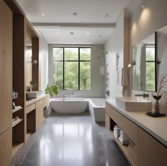 A series of modern, intersecting staircases featuring glass balustrades and wooden handrails in a spacious interior with neutral-toned walls and ceiling lights. The geometric design creates an intricate and visually striking architectural element.