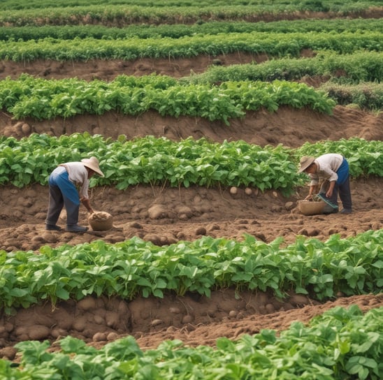 A lush green agricultural field with men and women working amidst the crops. The landscape is dotted with palm trees and a distant mountain range under a clear sky. Various poles are erected throughout the field, and there are signs of water irrigation.