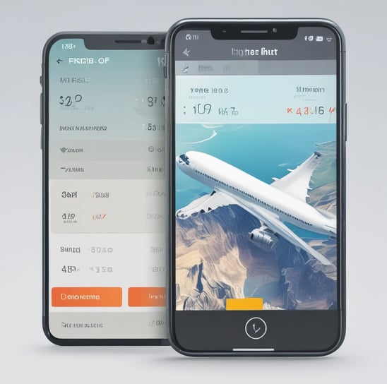 A split-screen image shows a digital airport departure board on the left with flight information for various U.S. destinations and an advertisement on the right side. The flight board displays destination, flight number, gate, and status for flights in French and English. The advertisement features text that likely promotes a product or service.