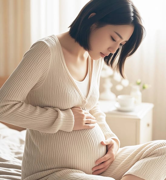 妊娠中の女性がベッドでお腹を優しく抱える安心感のあるイメージ写真