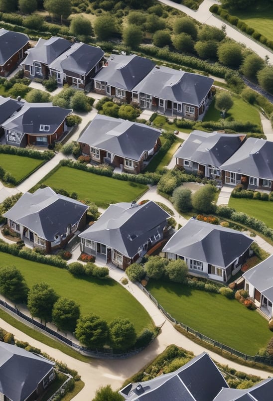 A development of houses with gardens on residential streets surrounded by fences and trees