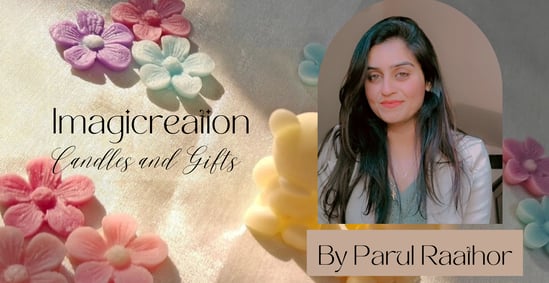 An image of scented wax miniatures in the background with the text- Imagicreation Candles and Gifts