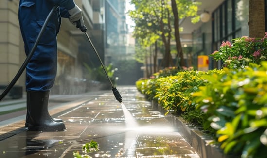 A man in uniform power washes a luxury business area around lush green plants and trees