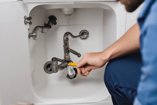 a plumber in a blue shirt is fixing a blocked sink