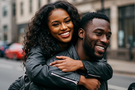 A happy couple riding on a motorcycle