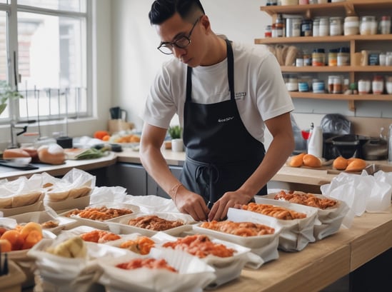 A person wearing a branded cap and shirt is placing a container into an insulated delivery bag. The scene appears to be inside a restaurant with a chef visible in the background near the kitchen. The environment is well-lit with hanging lights and has a modern ambiance.
