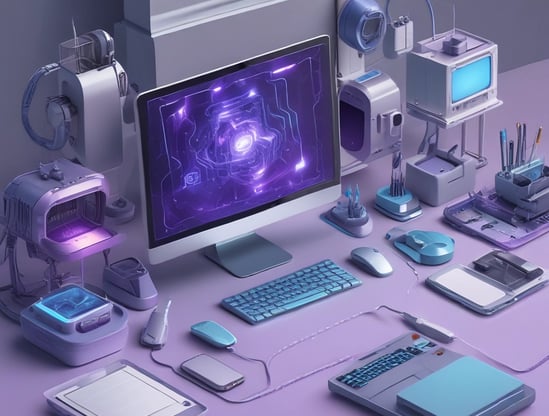 A table cluttered with a variety of electronic components and decorative items. A potted fern sits atop a blue speaker, next to a smaller purple speaker. A vintage oscilloscope is surrounded by wires and circuit boards. A small blue figurine stands next to a black potted plant. In the foreground, colorful electronic projects are strewn across the surface.