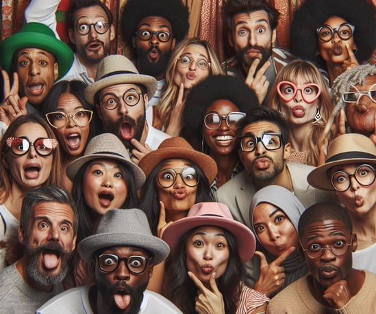 a group of people posing for a photo booth